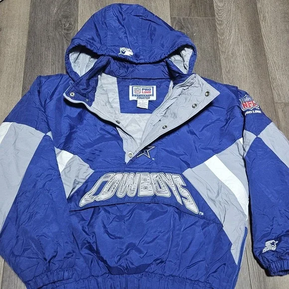 Vintage 90s Starter NFL Dallas Cowboys 1/2 Zip Pullover Hooded Jacket Quilted M